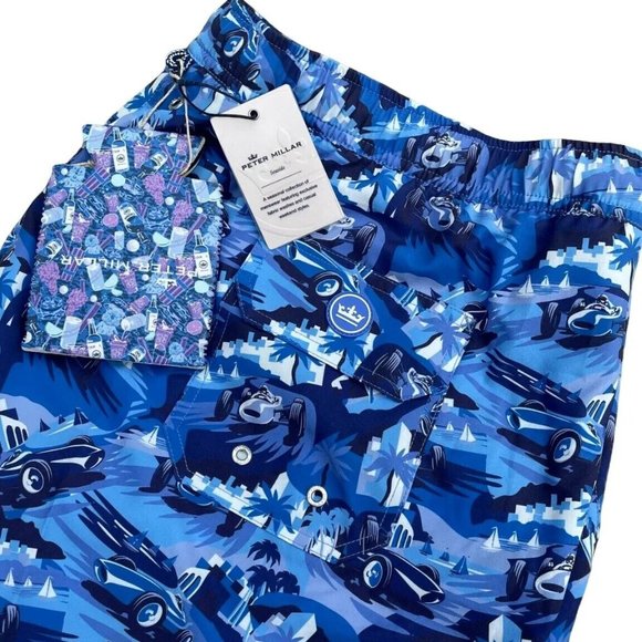Peter Millar Seaside Monaco Madness Swim Trunks Car Print Blue Medium NWT